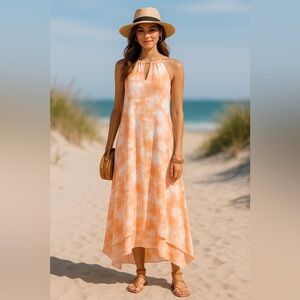 Mlle Gabrielle Peach Tie-Dye Halter High-Low Dress